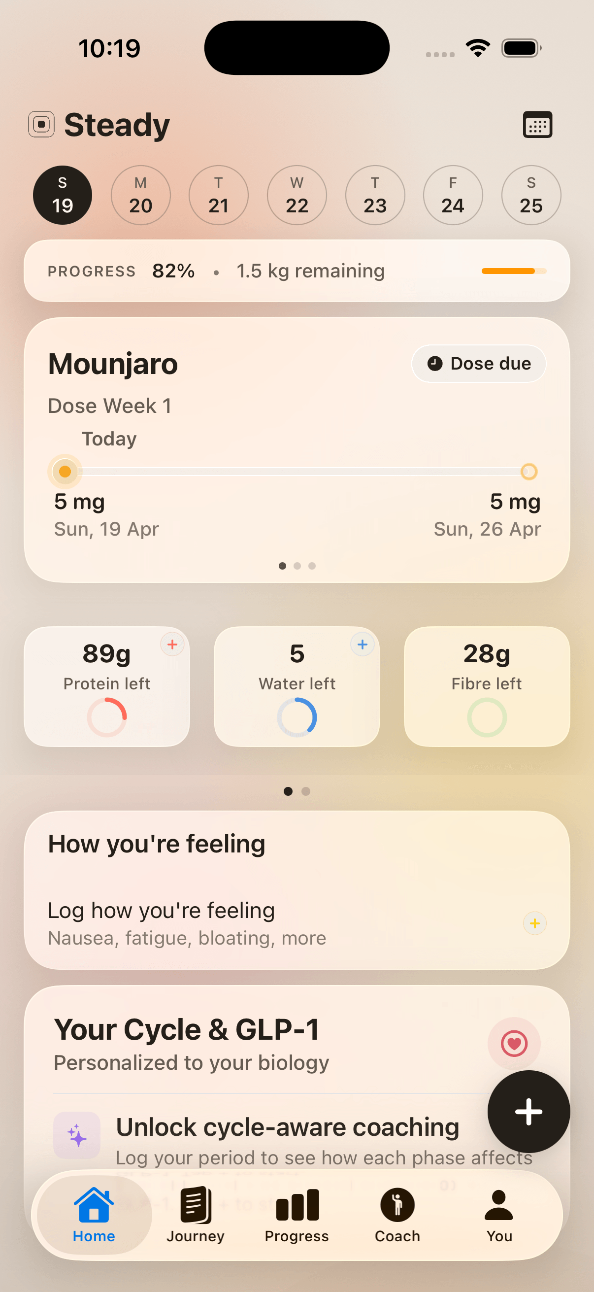 Steady Home — dose week, protein, water, fibre, and how you're feeling today.