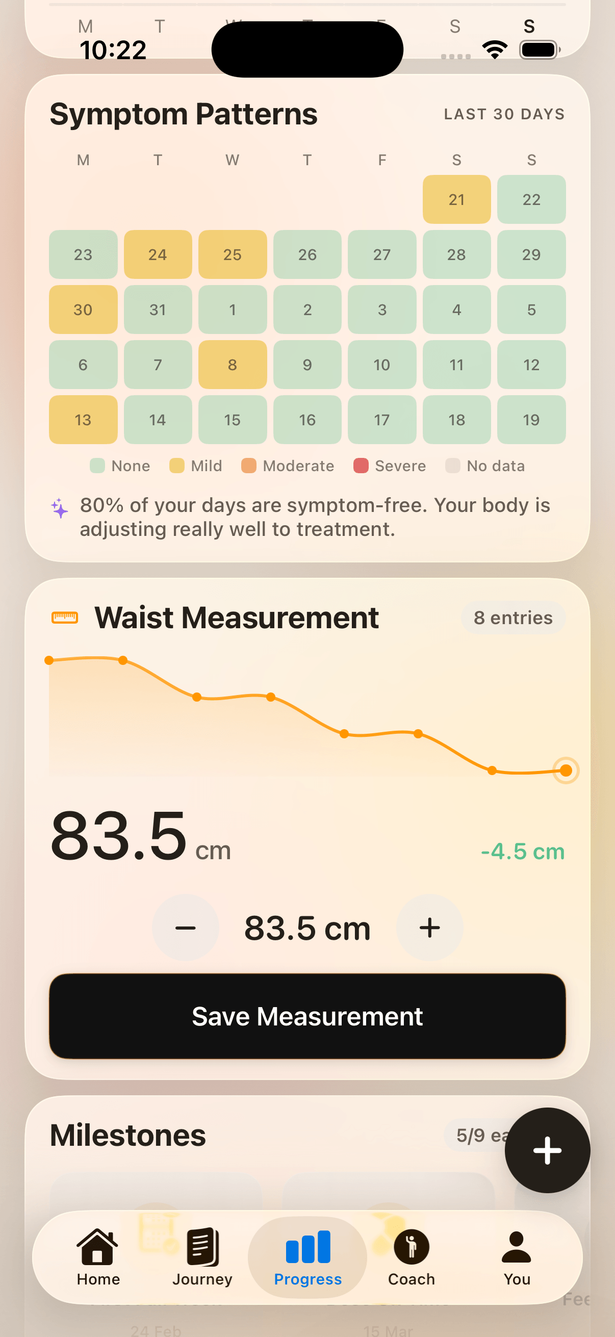 Steady Progress — symptom patterns heatmap and waist measurement trend.